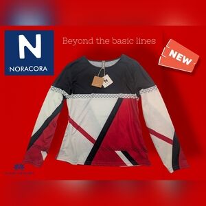 NWT Noracora Sz M Round NeckGeometric Color Block Long Sleeve Top Red White Blue